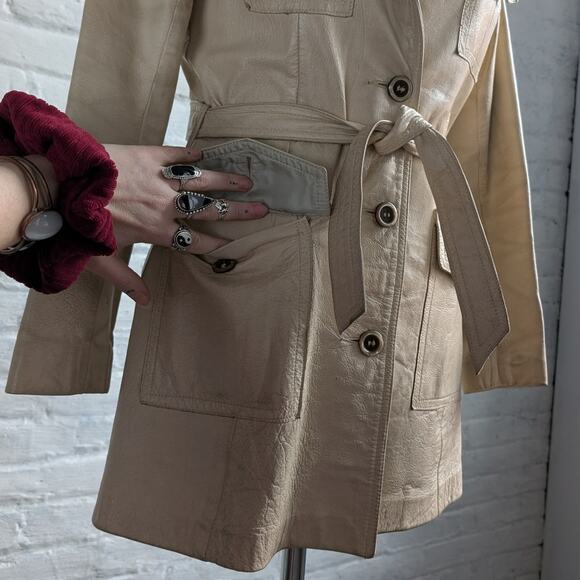 70s Vintage White Genuine Leather Trench Coat Minimalist Boho Moto Biker Jacket - Picture 5 of 8